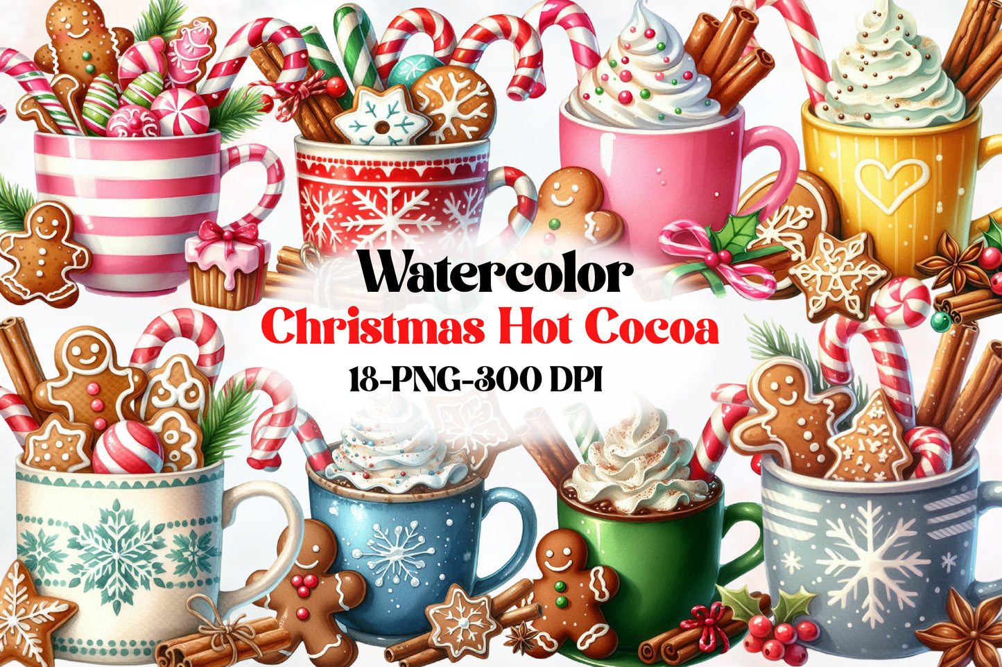 Watercolor Christmas Hot Cocoa Clipart PNG Bundle | Gingerbread Cocoa & Candy Cane
