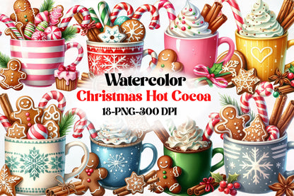 Watercolor Christmas Hot Cocoa Clipart PNG Bundle | Gingerbread Cocoa & Candy Cane
