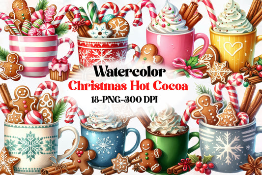 Watercolor Christmas Hot Cocoa Clipart PNG Bundle | Gingerbread Cocoa & Candy Cane