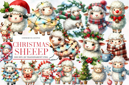 Christmas Sheep Clipart PNG Bundle | Watercolor Cute Christmas Sheep Clipart | Festive Winter Farm Animal Sublimation PNG