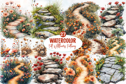 Watercolor Fall Wildflower Pathway Clipart Bundle 27 PNG