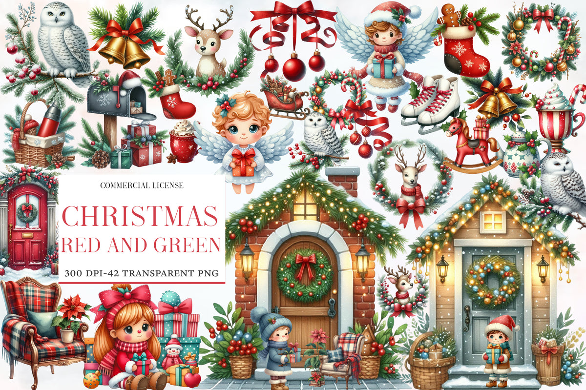 Christmas Red and Green Clipart PNG Bundle | Watercolor Red Green Christmas Clipart | Festive Holiday Sublimation PNG