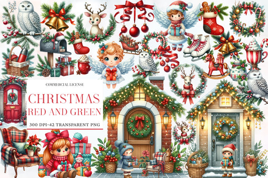 Christmas Red and Green Clipart PNG Bundle | Watercolor Red Green Christmas Clipart | Festive Holiday Sublimation PNG