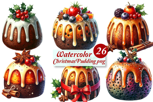 Christmas Pudding PNG Bundle | Watercolor Christmas Pudding, Cute Holiday Plum Pudding & Festive Dessert Clipart