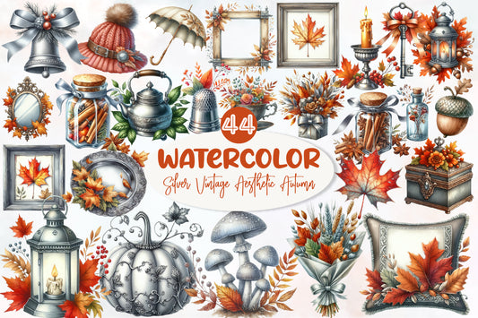 Silver Vintage Autumn Watercolor Clipart PNG Bundle | Rustic Fall Clipart | Silver Autumn Sublimation PNG