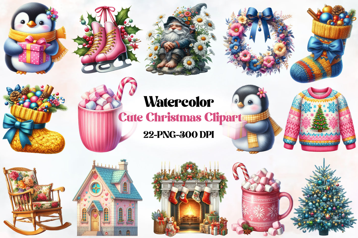 Cute Christmas Clipart PNG Bundle 22 Watercolor Holiday Designs