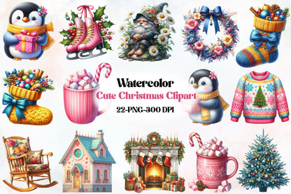 Cute Christmas Clipart PNG Bundle 22 Watercolor Holiday Designs