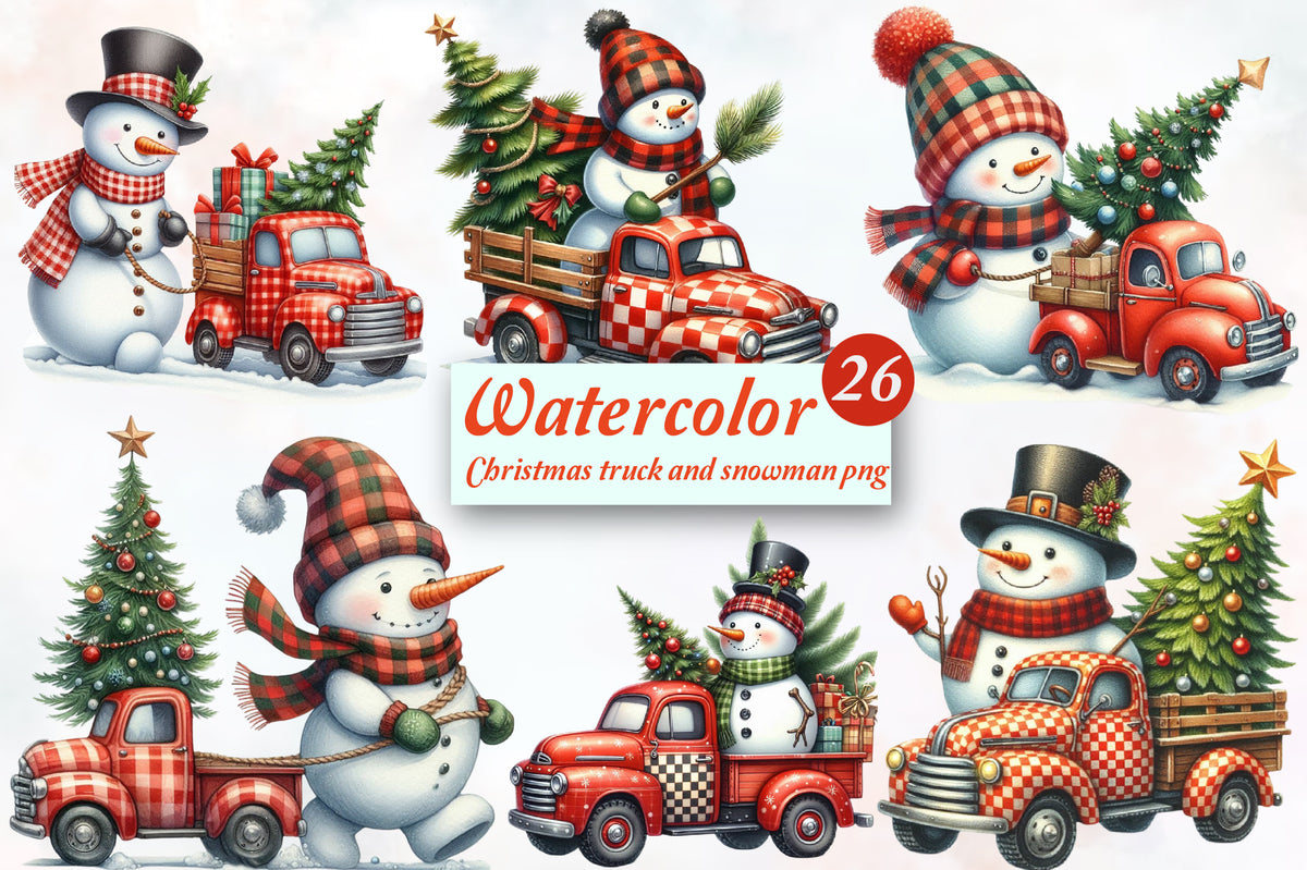 Watercolor Christmas Truck & Snowman PNG Bundle 26 Holiday Designs