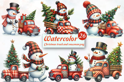 Watercolor Christmas Truck & Snowman PNG Bundle 26 Holiday Designs