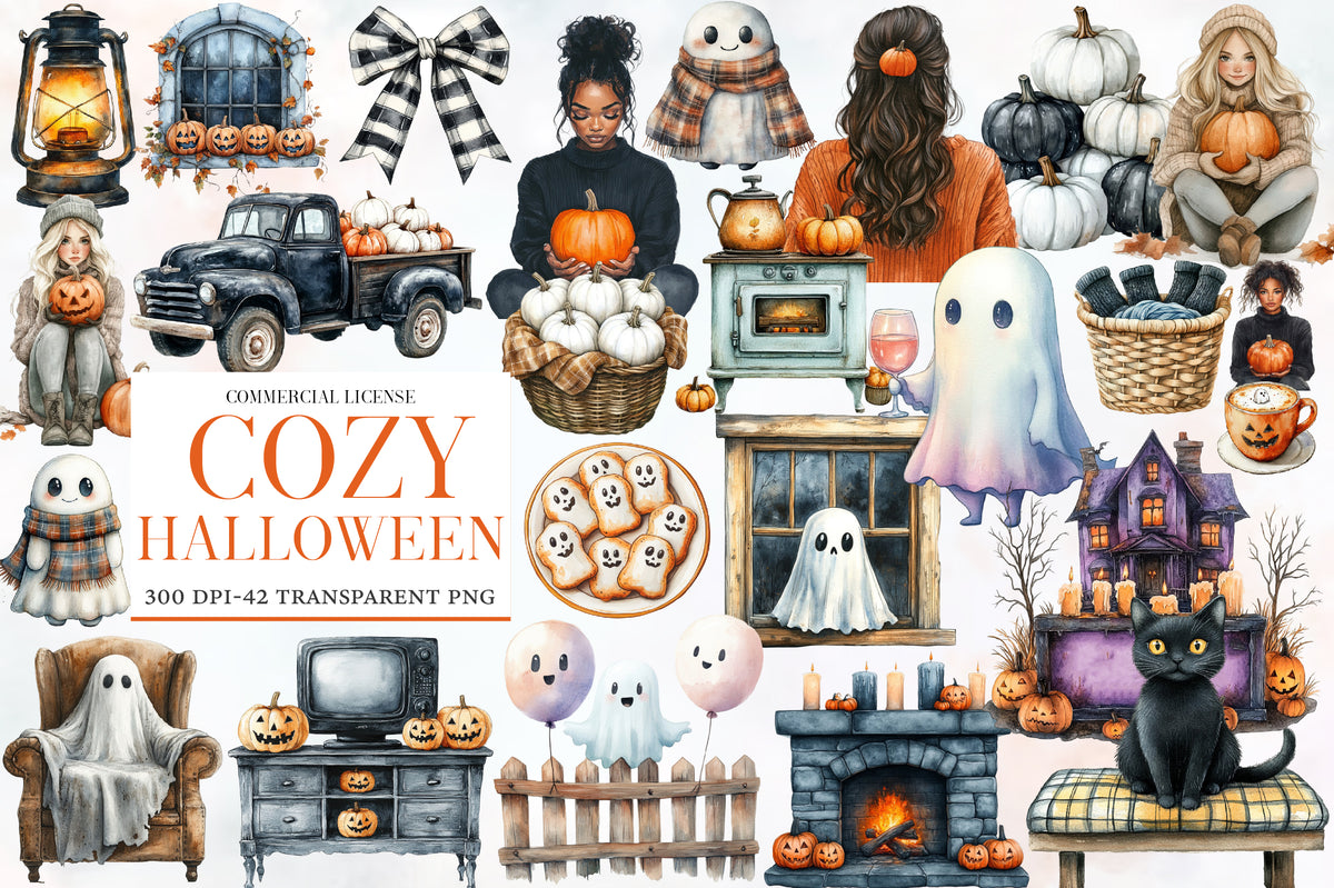 Watercolor Cozy Halloween Clipart PNG Bundle | Cute Ghost, Pumpkin, Cat, Witch, Coffee & Fall Spooky Clipart