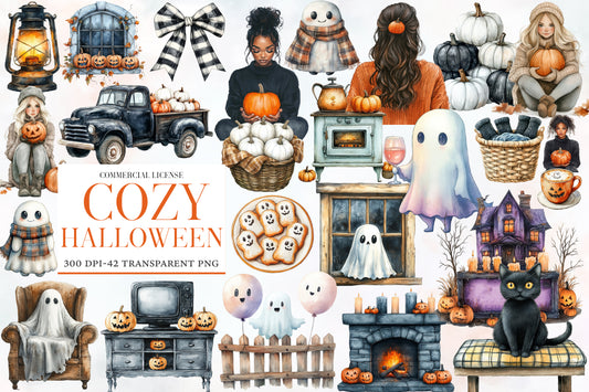 Watercolor Cozy Halloween Clipart PNG Bundle | Cute Ghost, Pumpkin, Cat, Witch, Coffee & Fall Spooky Clipart