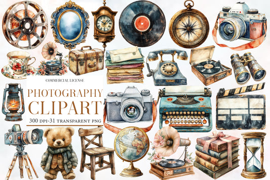 Autumn Photography Clipart PNG Bundle | Watercolor Vintage Camera & Fall Photography Clipart | Cozy Autumn Photographer PNG