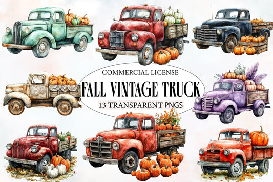 Fall Vintage Truck PNG Bundle | Retro Pickup Truck Clipart, Pumpkin Truck PNG