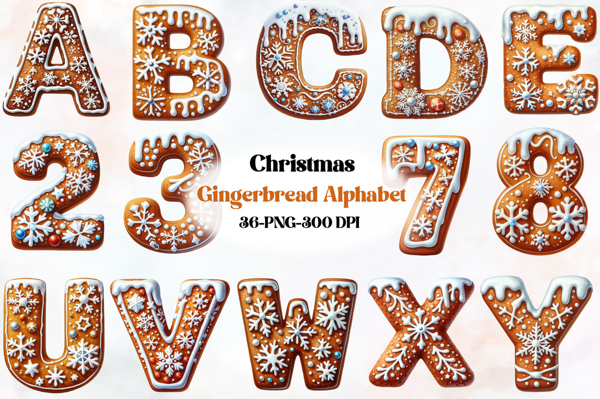 36 Christmas Snowflake Gingerbread Alphabet PNG Clipart Bundle