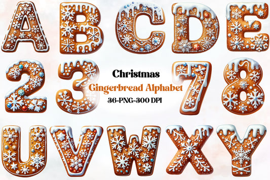 36 Christmas Snowflake Gingerbread Alphabet PNG Clipart Bundle
