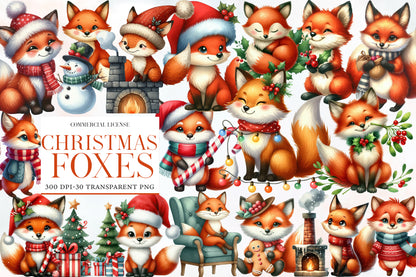Christmas Foxes PNG Clipart Bundle | Watercolor Cute Christmas Fox Clipart | Woodland Holiday Sublimation PNG
