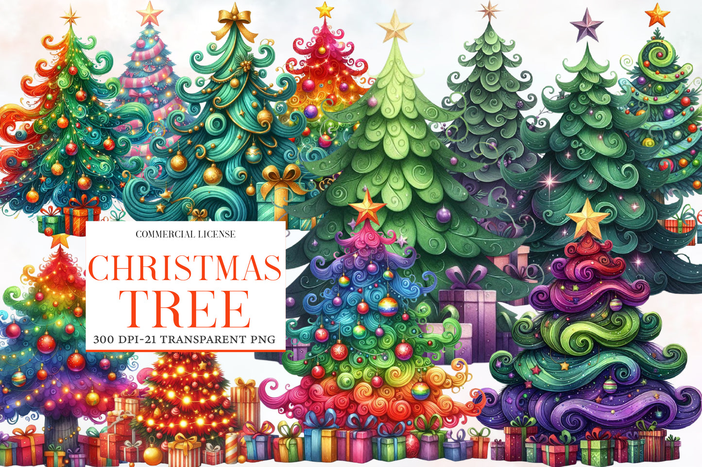 Christmas Tree Clipart PNG Bundle | Watercolor Cute Christmas Tree Clipart | Festive Holiday Tree Sublimation PNG