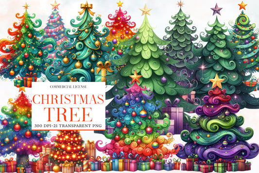Christmas Tree Clipart PNG Bundle | Watercolor Cute Christmas Tree Clipart | Festive Holiday Tree Sublimation PNG