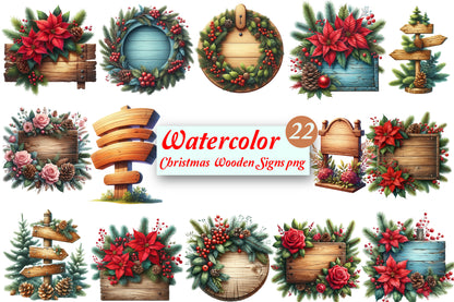 Watercolor Christmas Wooden Signs PNG Bundle Rustic Holiday Signs