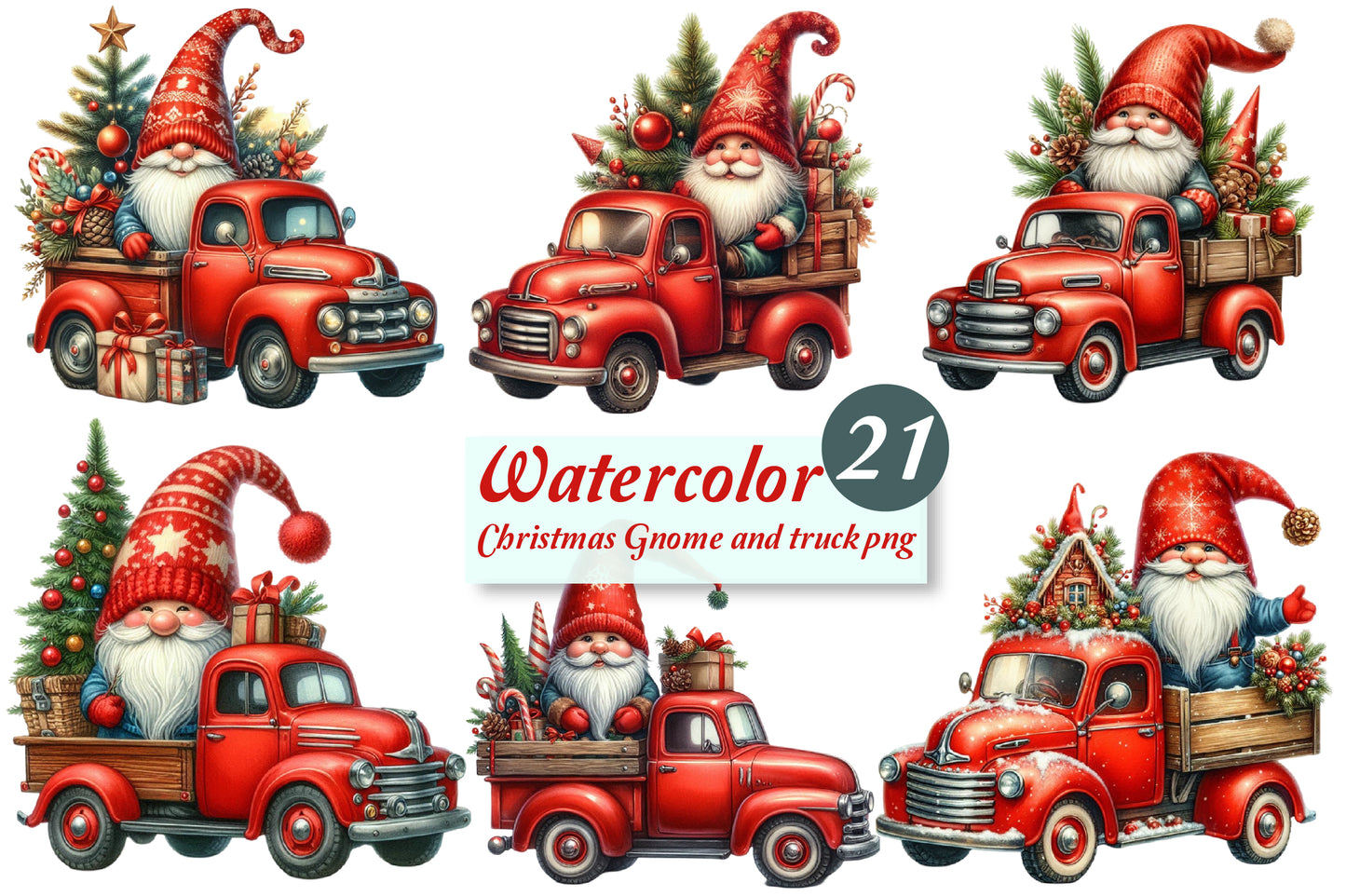 Christmas Gnome Truck PNG Bundle | Watercolor Christmas Gnomes with Vintage Red Trucks, Holiday Trees & Gifts