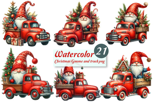 Christmas Gnome Truck PNG Bundle | Watercolor Christmas Gnomes with Vintage Red Trucks, Holiday Trees & Gifts