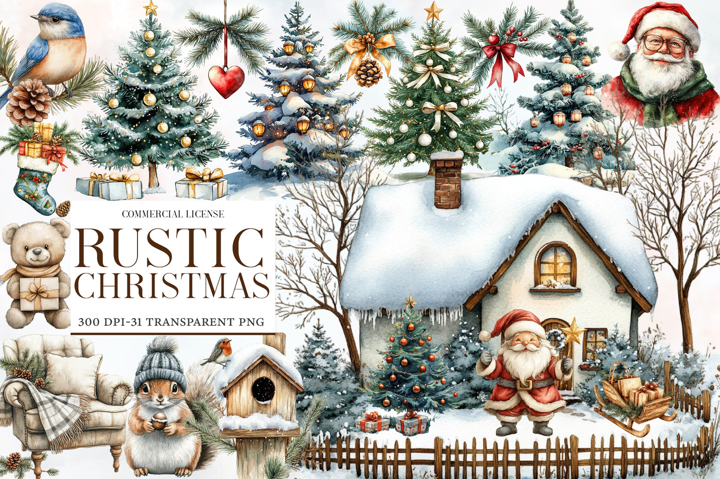 Rustic Christmas Watercolor Clipart PNG Bundle | Cozy Rustic Christmas Clipart | Rustic Christmas Sublimation PNG