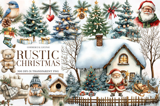 Rustic Christmas Watercolor Clipart PNG Bundle | Cozy Rustic Christmas Clipart | Rustic Christmas Sublimation PNG