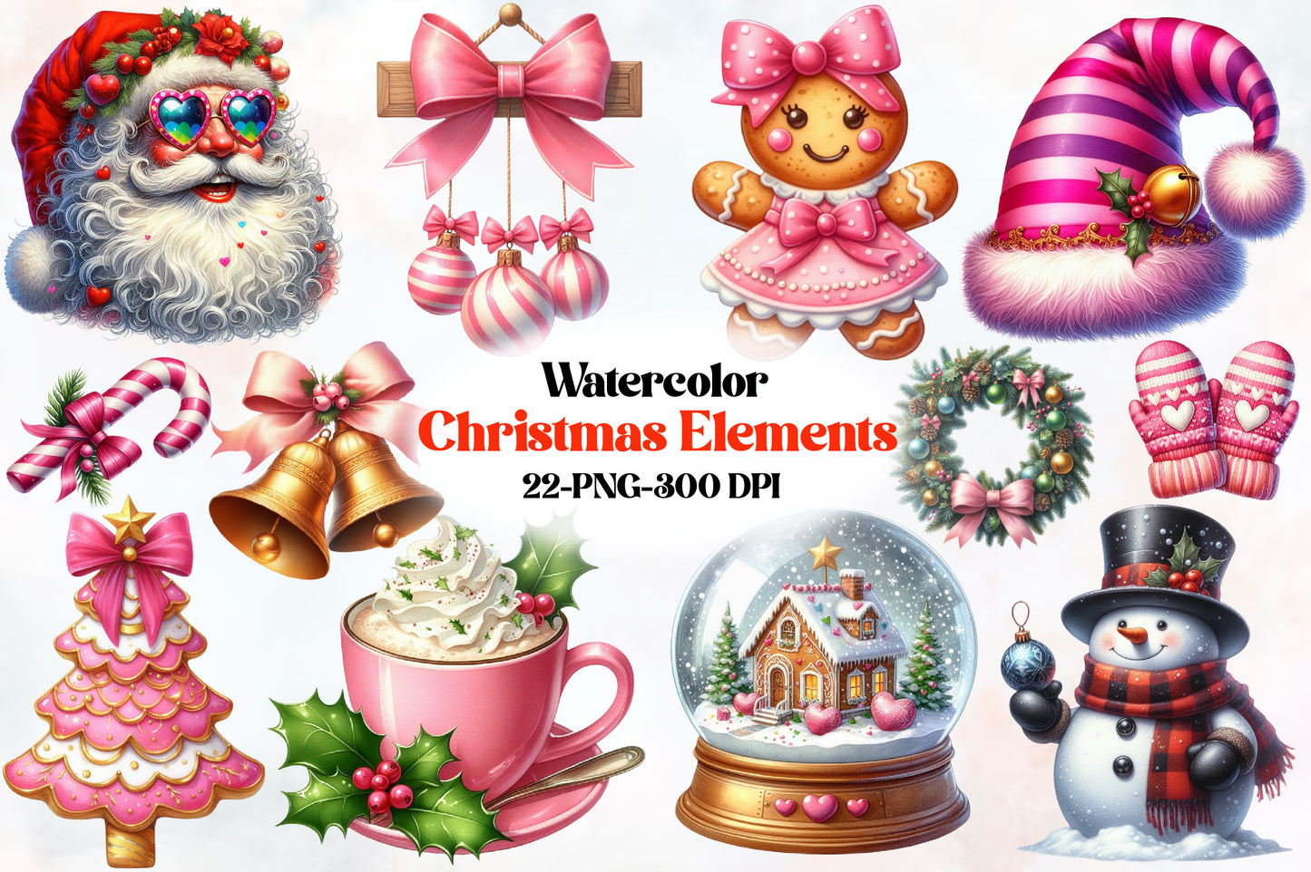 Watercolor Christmas Elements Clipart PNG Bundle | Cute Pink Christmas Holiday Designs