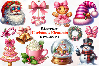 Watercolor Christmas Elements Clipart PNG Bundle | Cute Pink Christmas Holiday Designs