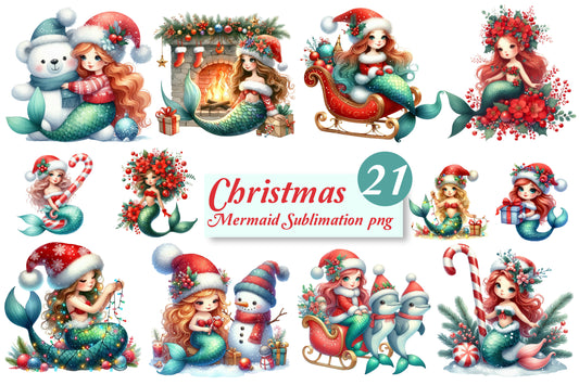 Christmas Mermaid PNG Bundle | Watercolor Christmas Mermaid, Holiday Mermaid & Winter Mermaid Sublimation Clipart