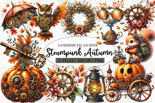 Watercolor Steampunk Autumn Clipart PNG Bundle | Vintage Steampunk Pumpkin, Gears, Airship & Fall Botanical Clipart