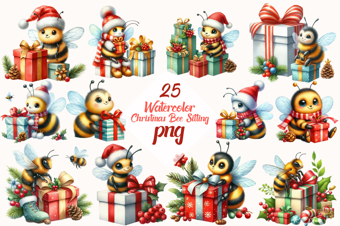 25 Watercolor Christmas Bee Sitting PNG Cute Holiday Bee Clipart