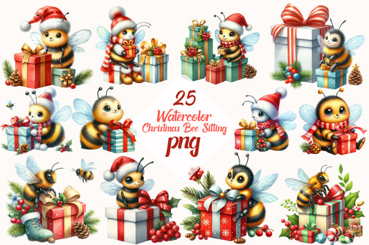25 Watercolor Christmas Bee Sitting PNG Cute Holiday Bee Clipart