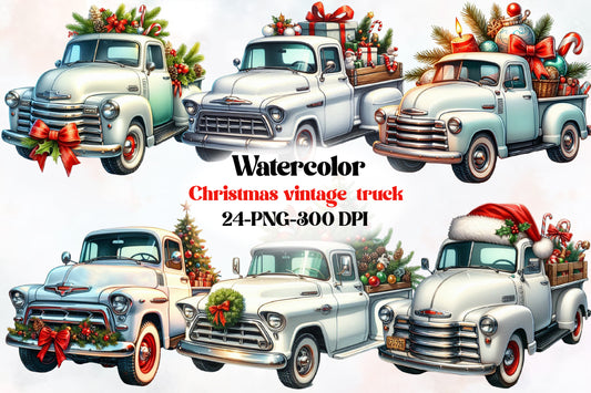 Watercolor Christmas Vintage Truck PNG Bundle 24 Rustic Holiday Designs