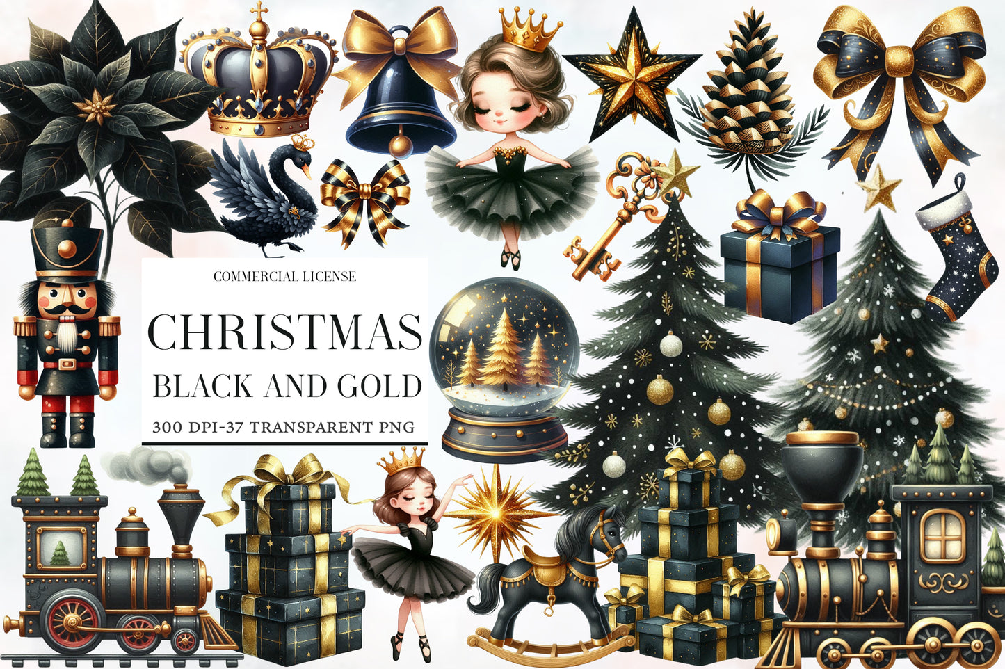 Black and Gold Christmas Clipart PNG Bundle | Luxury Watercolor Holiday Clipart | Elegant Black Gold Christmas PNG