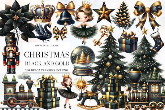 Black and Gold Christmas Clipart PNG Bundle | Luxury Watercolor Holiday Clipart | Elegant Black Gold Christmas PNG