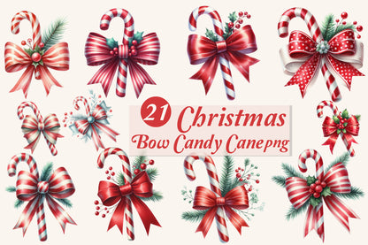21 Christmas Candy Cane Bow PNG Bundle Red White Holiday Bow Clipart