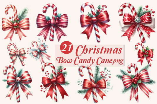 21 Christmas Candy Cane Bow PNG Bundle Red White Holiday Bow Clipart