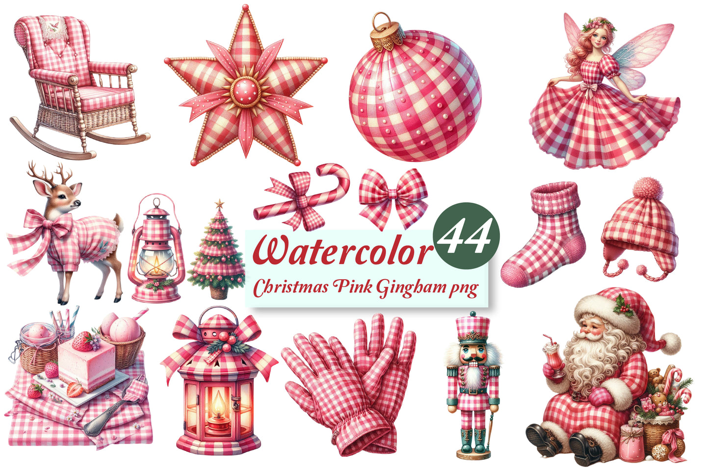 44 Watercolor Christmas Pink Gingham PNG Bundle Santa Deer Bow Clipart