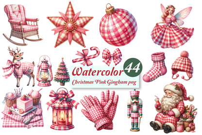 44 Watercolor Christmas Pink Gingham PNG Bundle Santa Deer Bow Clipart