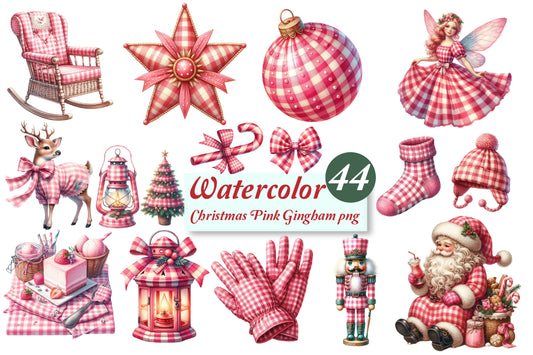 44 Watercolor Christmas Pink Gingham PNG Bundle Santa Deer Bow Clipart