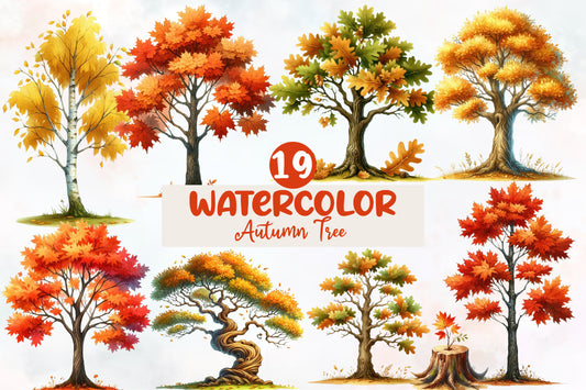 Autumn Tree Sublimation Clipart PNG Bundle | Watercolor Fall Tree Clipart | Rustic Harvest Woodland Tree PNG