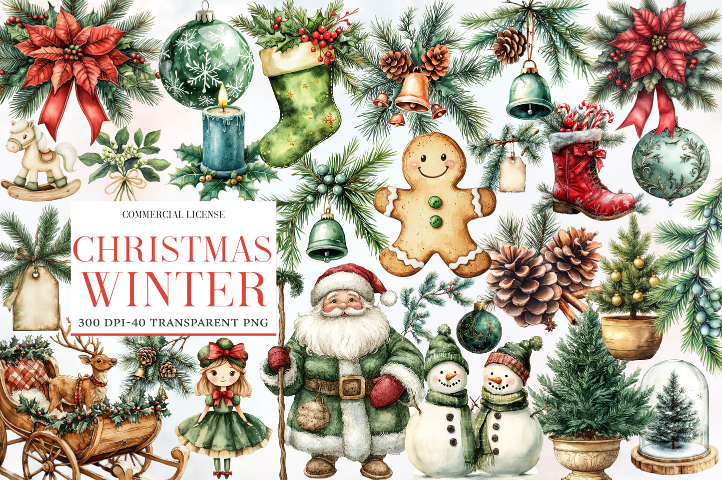 Christmas Winter Watercolor Clipart PNG Bundle | Cozy Snowy Christmas Watercolor Clipart | Winter Holiday Sublimation PNG
