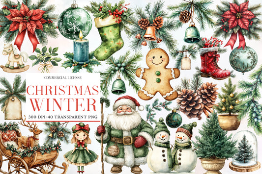 Christmas Winter Watercolor Clipart PNG Bundle | Cozy Snowy Christmas Watercolor Clipart | Winter Holiday Sublimation PNG