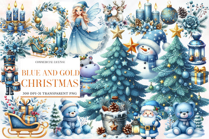 Blue and Gold Christmas Clipart PNG Bundle | Luxury Watercolor Holiday Clipart | Elegant Blue Gold Christmas PNG