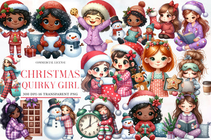 Christmas Quirky Girl Watercolor Clipart PNG Bundle | Cute Christmas Girl PNG | Holiday Girl Sublimation
