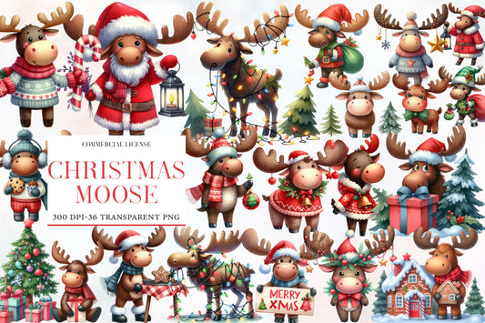 Christmas Moose Clipart PNG Bundle | Cute Moose, Reindeer, Santa Moose, Christmas Lights, Gifts & Winter Holiday Animals