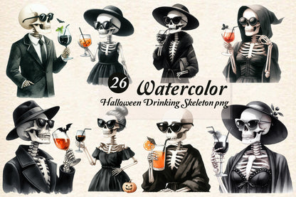 26 Watercolor Halloween Drinking Skeleton PNG Bundle Gothic Spooky Skeleton Clipart
