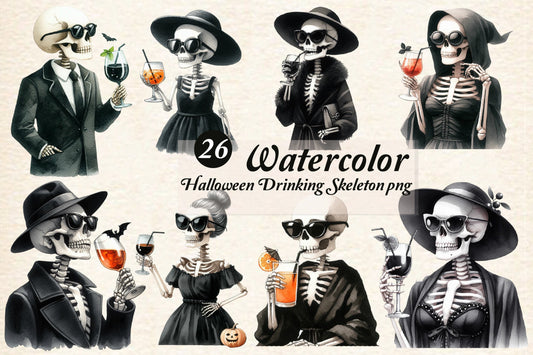 26 Watercolor Halloween Drinking Skeleton PNG Bundle Gothic Spooky Skeleton Clipart