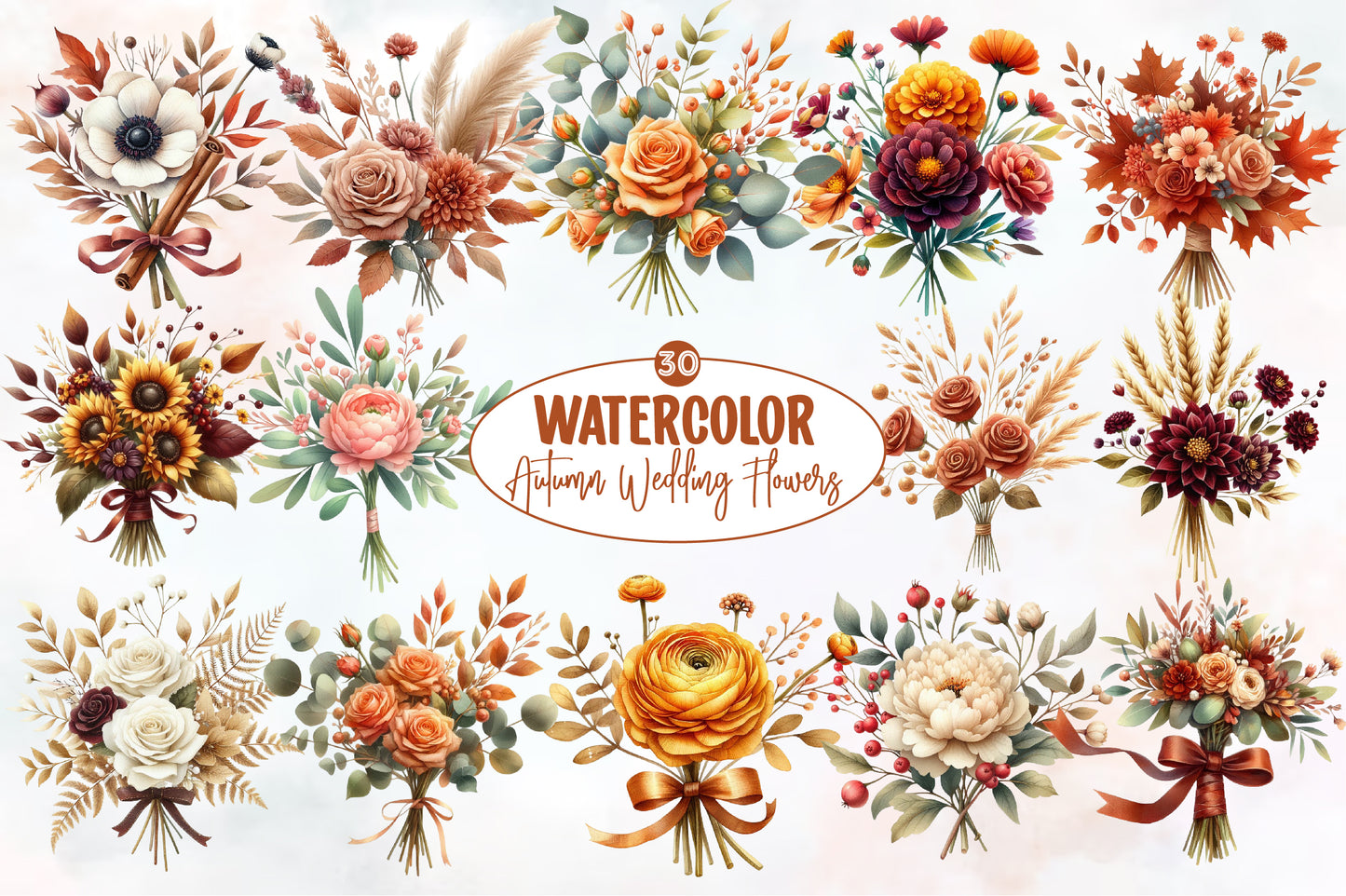 Watercolor Autumn Wedding Flowers Clipart Bundle Fall Floral PNG